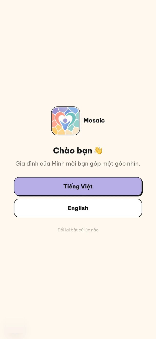 Màn hình chào mừng của Mosaic, mời góp một góc nhìn cho gia đình