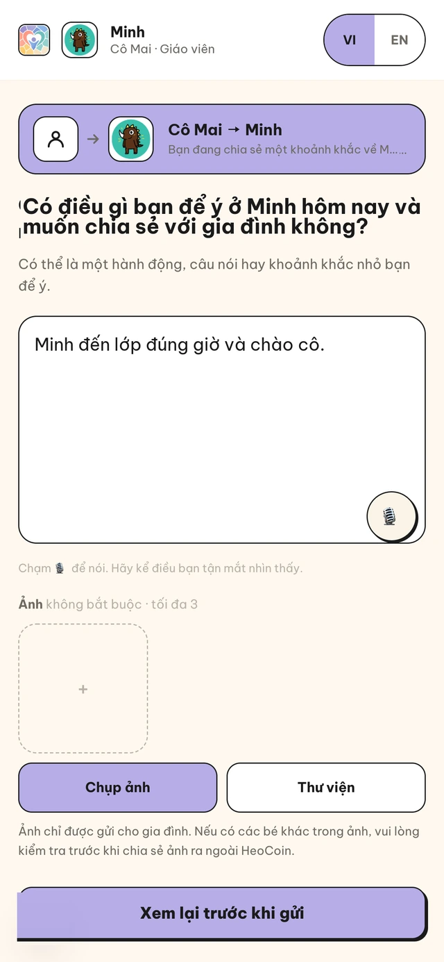 Chia sẻ một Khoảnh khắc trong Mosaic, với ô nhập, micro và ảnh không bắt buộc